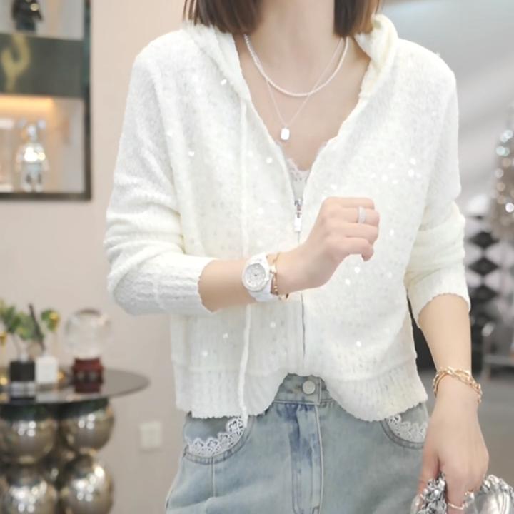 设计感时尚气质亮片毛衣帽衫女2025春季新款小香风拉链开衫上衣