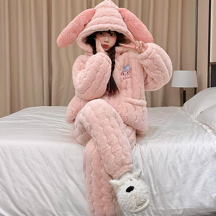 秋冬季保暖三层夹棉睡衣女可外穿加厚卡通连帽长袖学生家居服套装