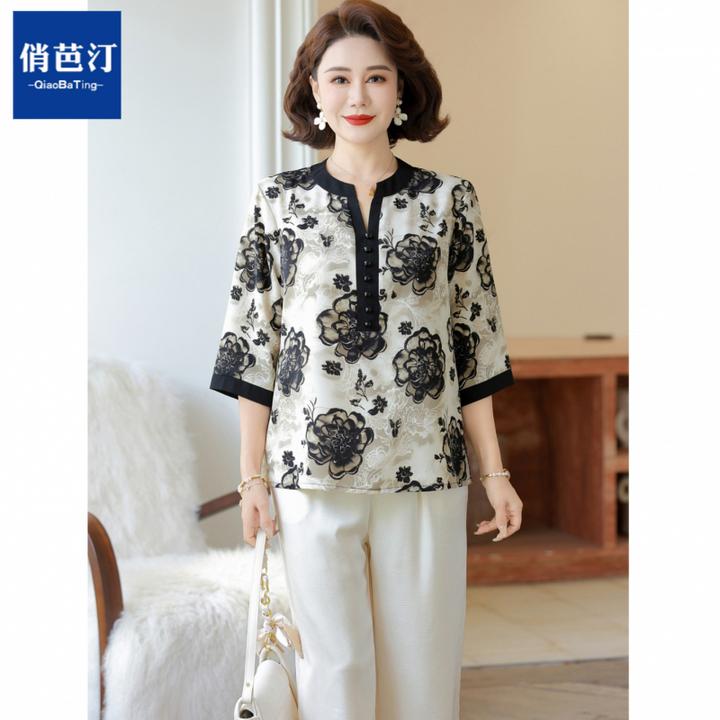 妈妈装夏装七分袖宽松气质上衣套装中老年女装洋气雪纺小衫两件套