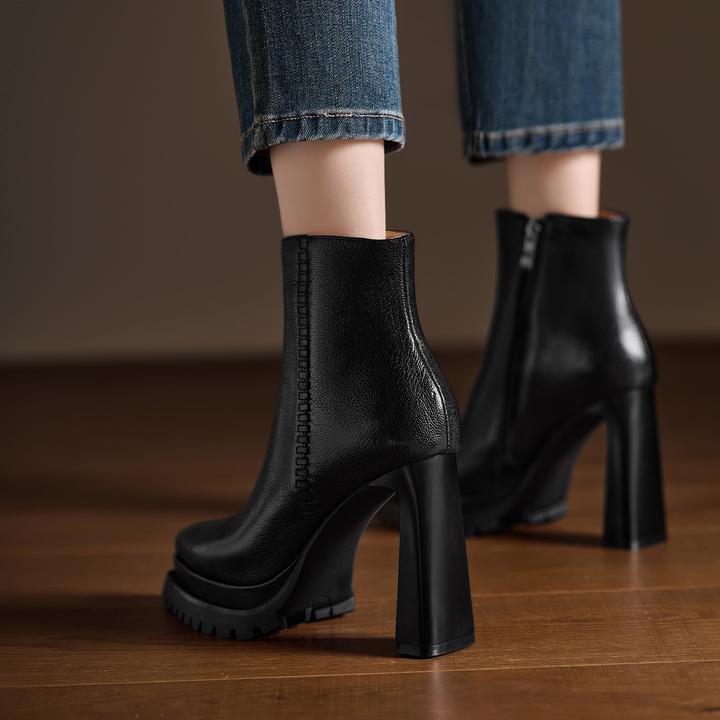 AACCK女鞋~10.5cm小个子防水台高跟时装靴羊皮尖头短靴真皮马丁靴