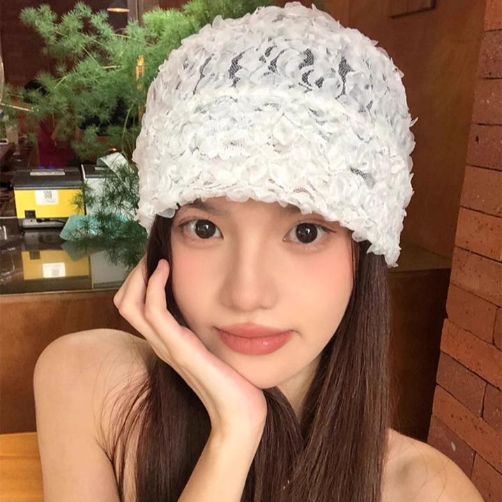 时尚秋冬薄款蕾丝花朵套头帽女复古日系夏季头巾帽气质网纱礼帽