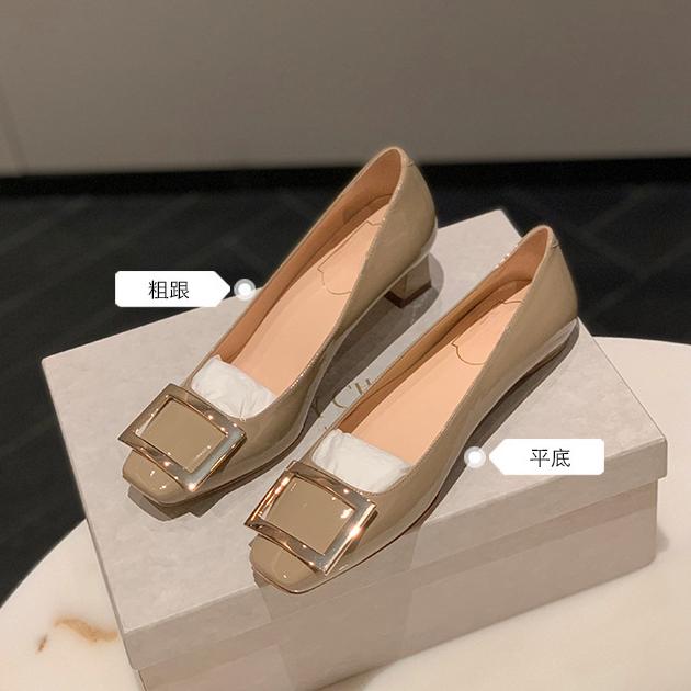 【葡萄家】经典方扣真皮漆皮小方头浅口高跟鞋粗跟平底通勤单鞋女款