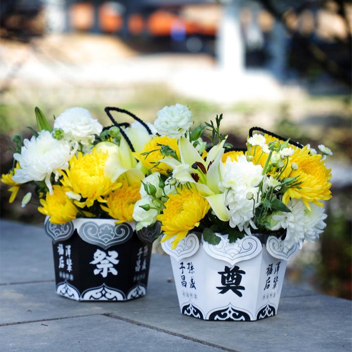 清明节专用六角手提桶花篮丧事花篮永远怀念奠黑色花盒卡纸手提盒