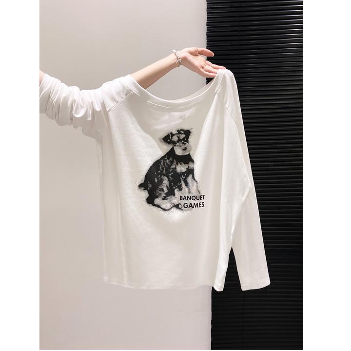 新款白色字母印花一字领长袖t恤女2025春秋季宽松慵懒风内搭上衣