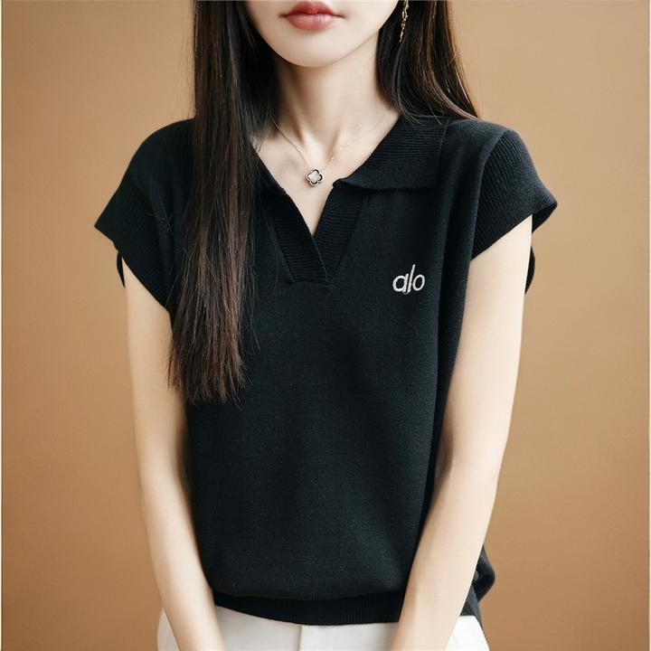 女短袖翻领字母早秋刺绣毛针织衫时尚上衣针织衫黑色