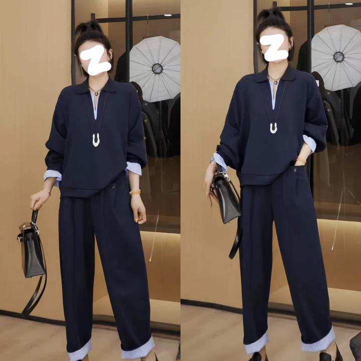 时尚拼接圆领套装2025秋季大码胖MM新款休闲时髦卫衣阔腿裤两件套