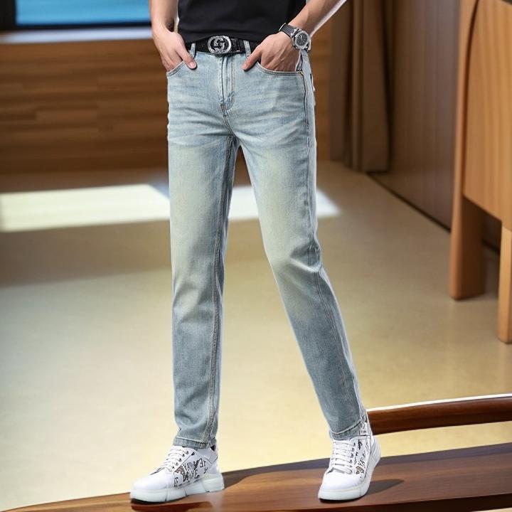 维斯克纳时尚夏季潮牌牛仔裤男士新款修身直筒弹力休闲蓝色长裤子