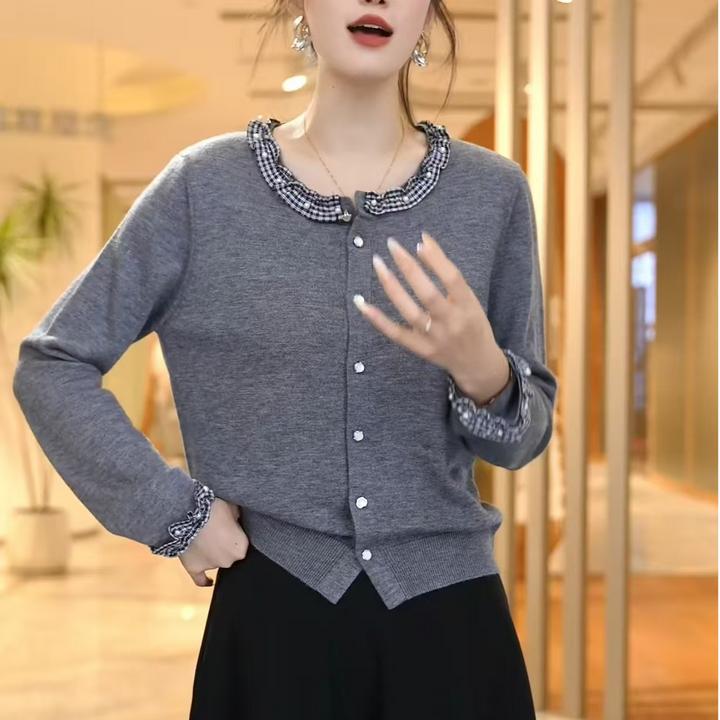 法式木耳边针织开衫女2025秋冬新款时尚洋气撞色百搭休闲气质上衣