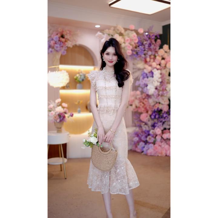 2025夏季女装新款时尚修身蕾丝法式后妈裙短袖名媛鱼尾连衣裙6146