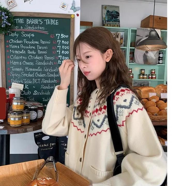 复古印花费尔岛圆领针织开衫女秋冬季宽松软糯亲肤百搭打底衫毛衣