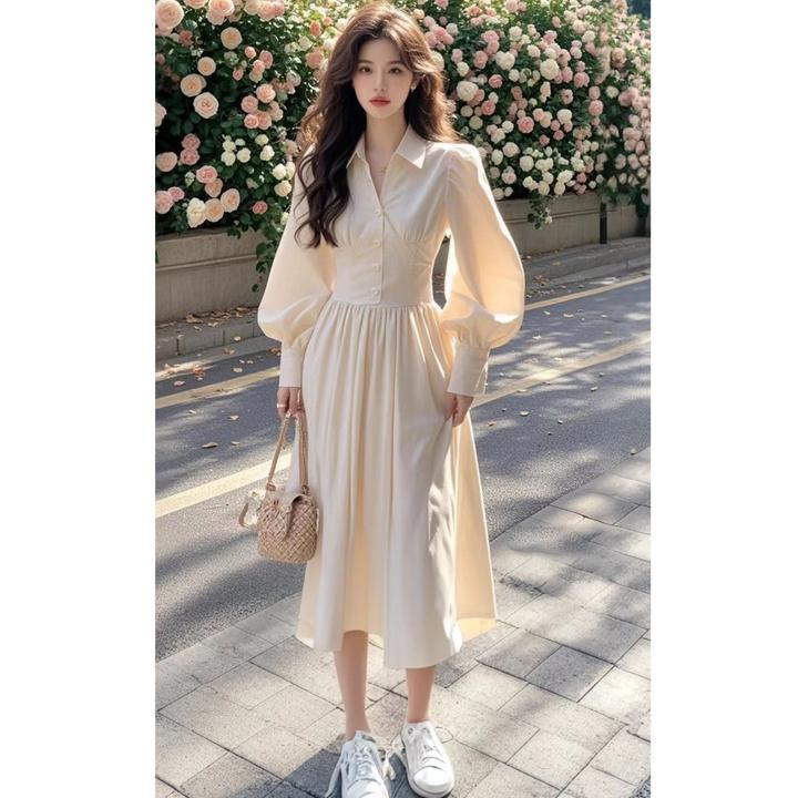 法式小香风白色polo领连衣裙女2025新款爆款高级感泡泡袖收腰裙子