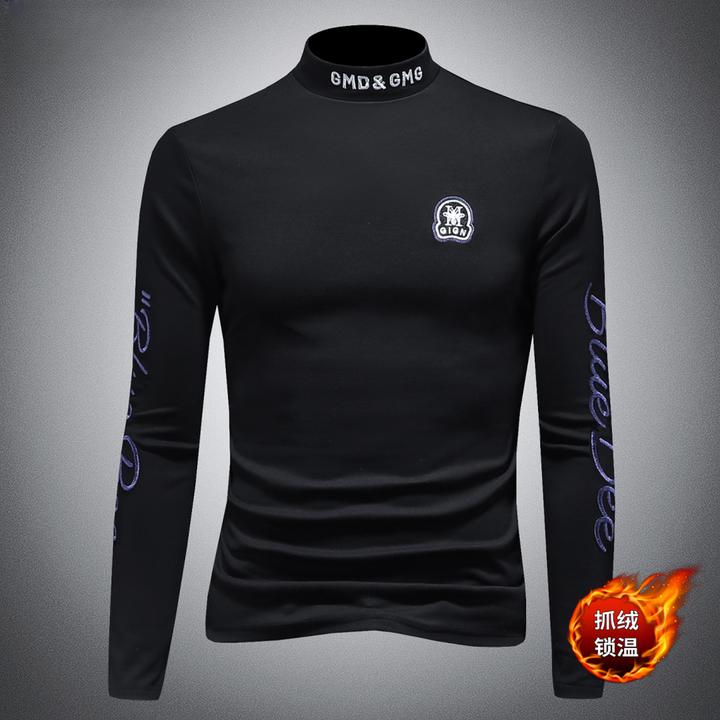 PAVENATNO/巴韦那奇半高领长袖T恤男士刺绣打底衫潮修身内搭上衣