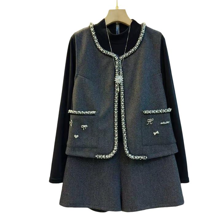 重工时尚小香风洋气轻奢打底马甲短裤三件套