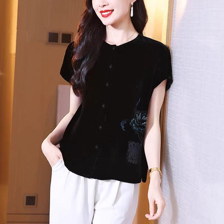 夏季手绘真丝丝绒t恤上衣女夏季新款圆领短袖黑色桑蚕丝丝绒上衣