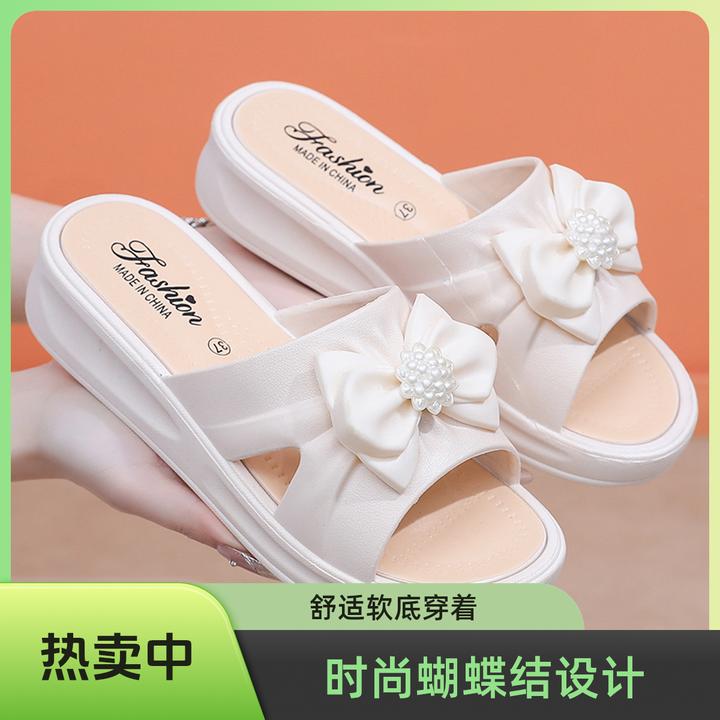中跟夏季耐磨防滑蝴蝶结一字拖厚底时尚凉拖鞋软底沙滩鞋舒适