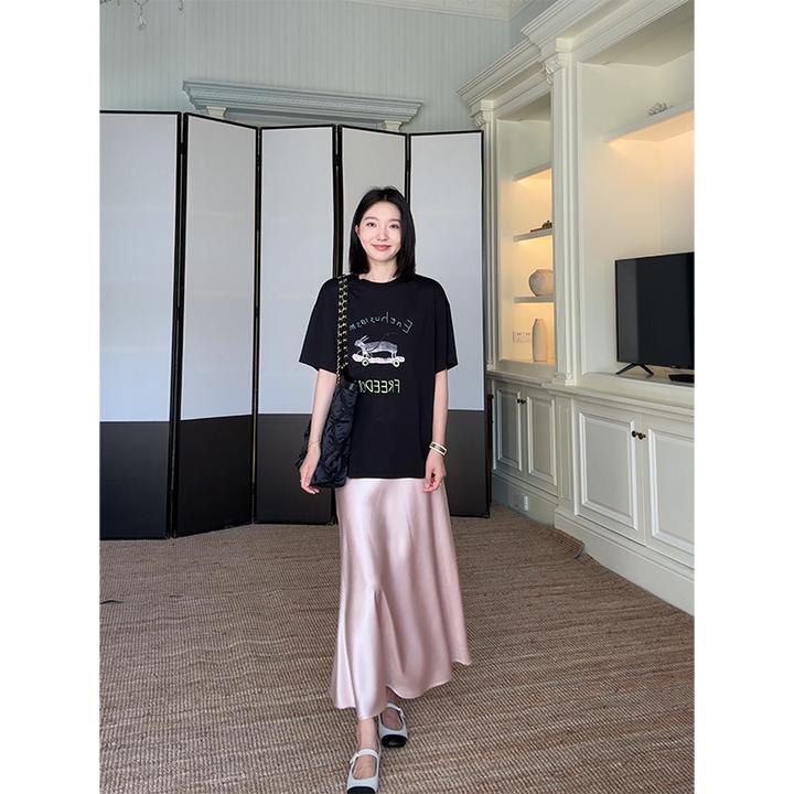郭九九呢 天丝棉质字母印花宽松短袖t恤缎面粉半身裙 G925A05428