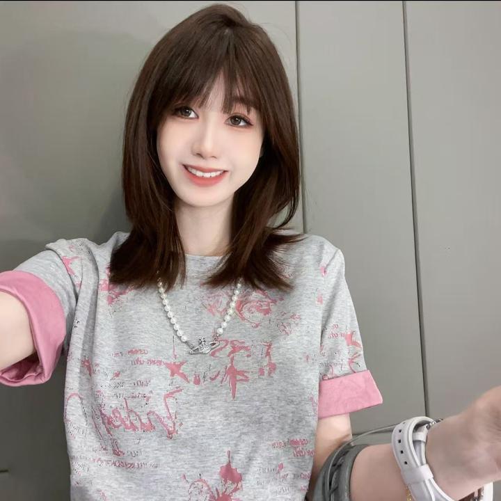 【玲姐专属】女士短袖烧花工艺设计双色面料设计T恤女修身显瘦上衣