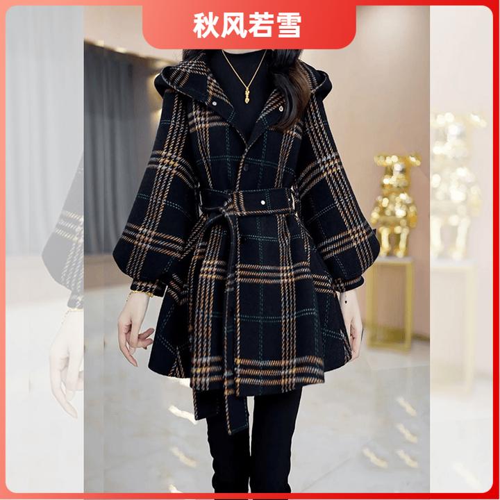 秋冬格子大衣女2024秋冬新款韩系小个子连帽中长款加绒外套女