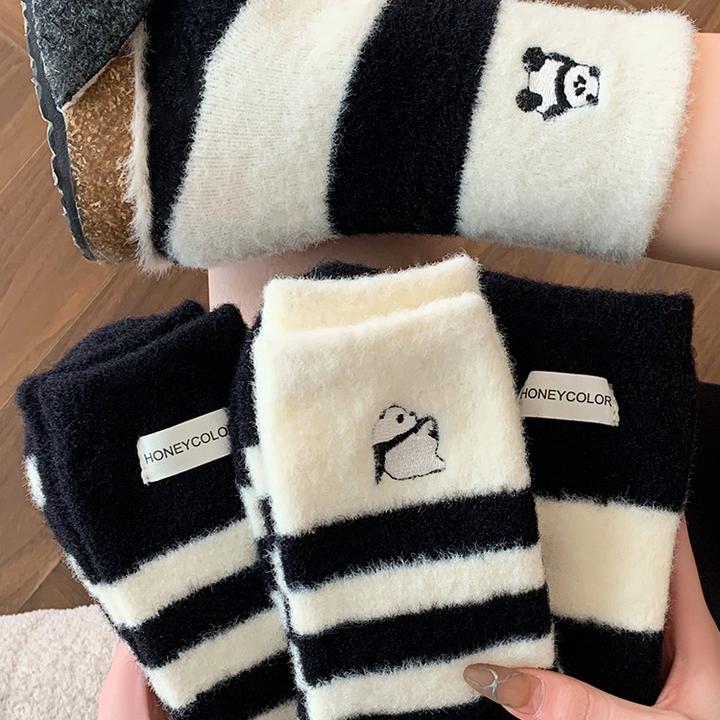 澳绒袜子女保暖中筒袜秋冬加绒加厚条纹撞色睡眠袜冬天珊瑚绒长袜