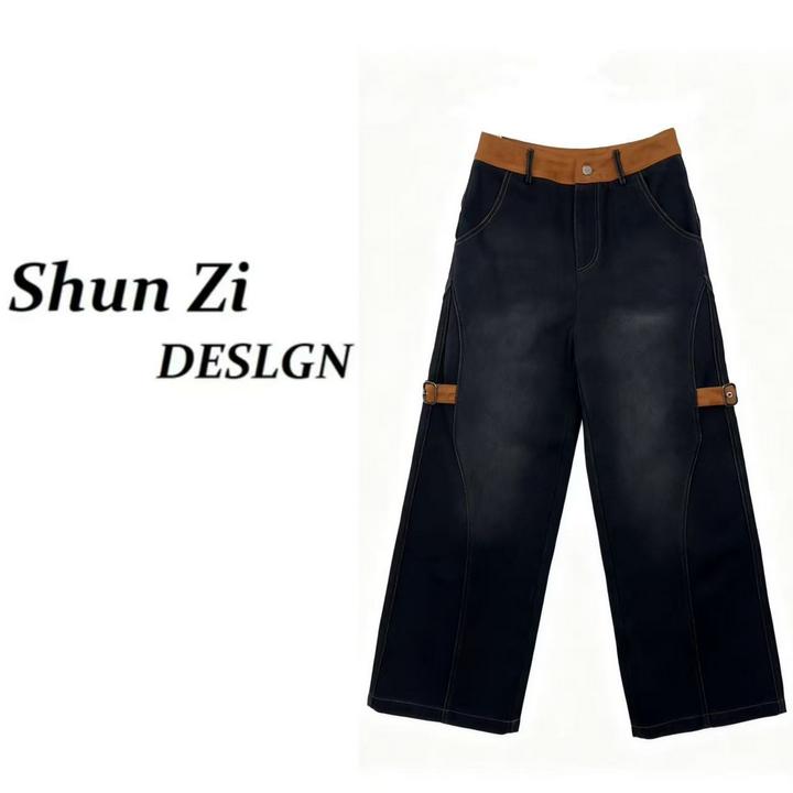 顺子/SZ10062 【加绒加厚】时尚拼接撞色复古重工水洗牛仔直筒裤