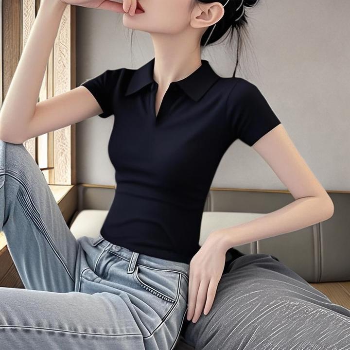 黑色polo领修身百搭设计感小众正肩短袖T恤女上衣潮2025新款夏季