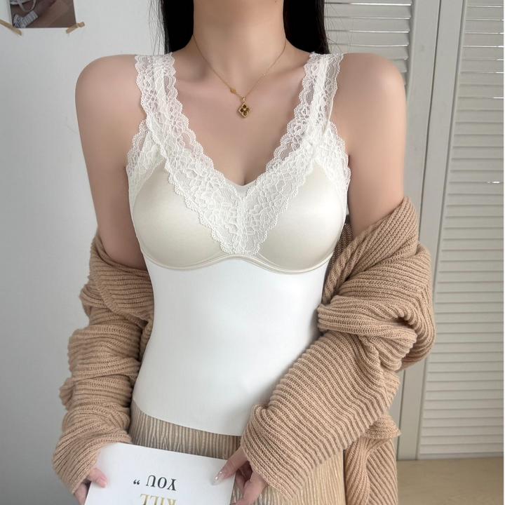 克尔伦贝秋冬磨毛宽肩蕾丝V领背心缎面拼接固定杯性感美背8132