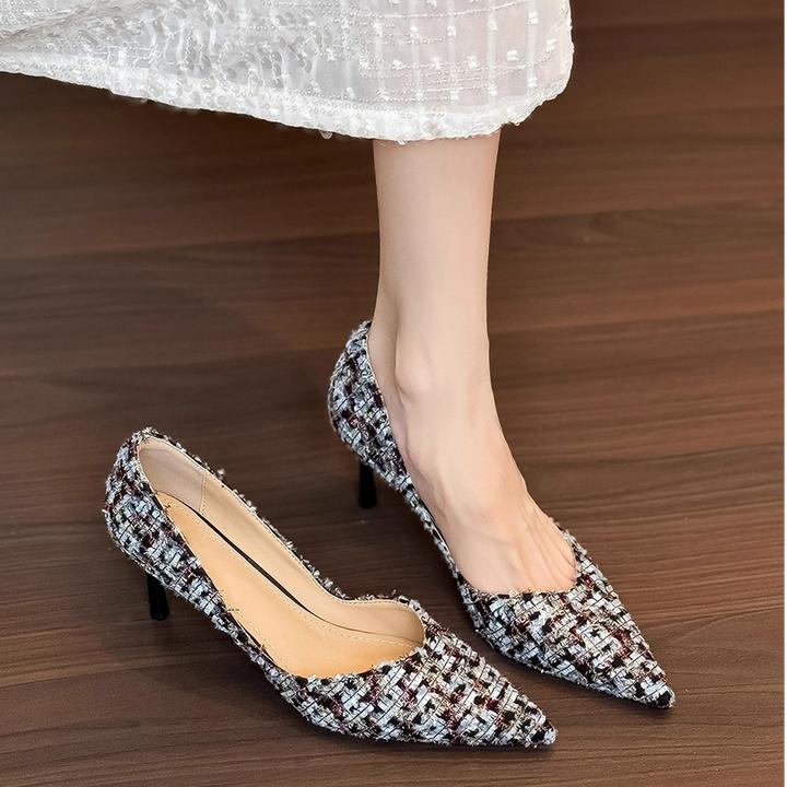 安排上没~法式气质名媛高跟鞋女细跟少女格子小香风配裙御姐性感