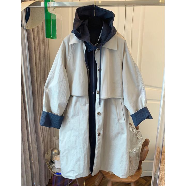 高级感大牌气质假两件连帽两面穿中长款风衣宽松外套女2025春季新