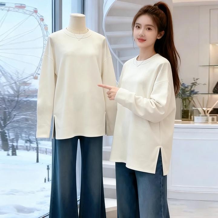 欧货加绒白色打底衫女内搭2026新款秋冬宽松遮屁股长袖T恤上衣