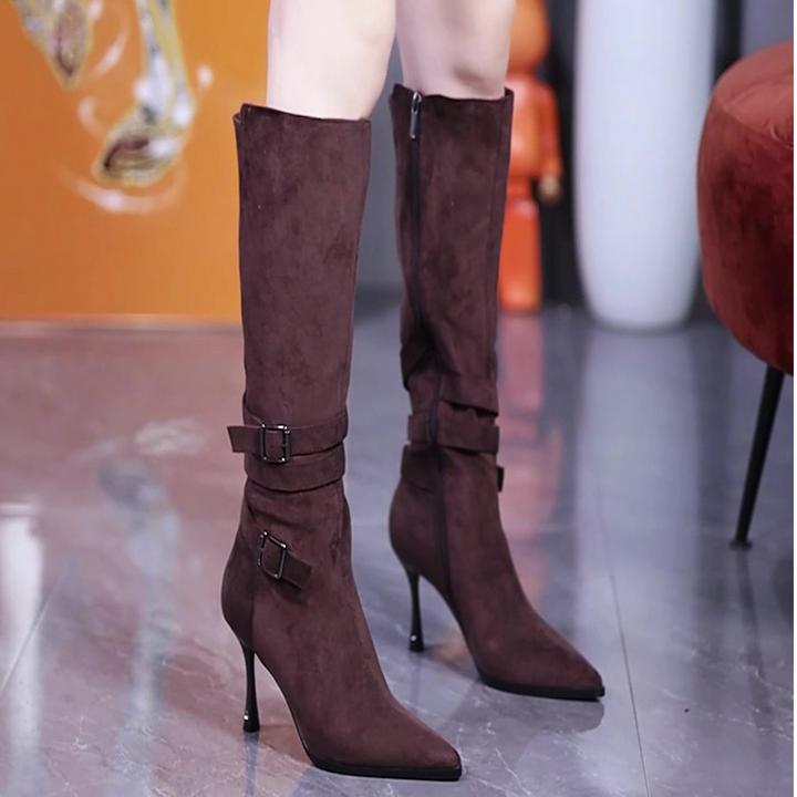 8cm秋冬显瘦皮带扣绒面高跟不过膝长靴2025气质侧拉链细跟瘦瘦靴