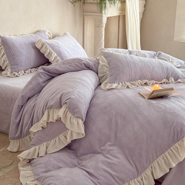 秋冬季公主风花边床上牛奶绒四件套床品双面绒被套加绒珊瑚绒床单