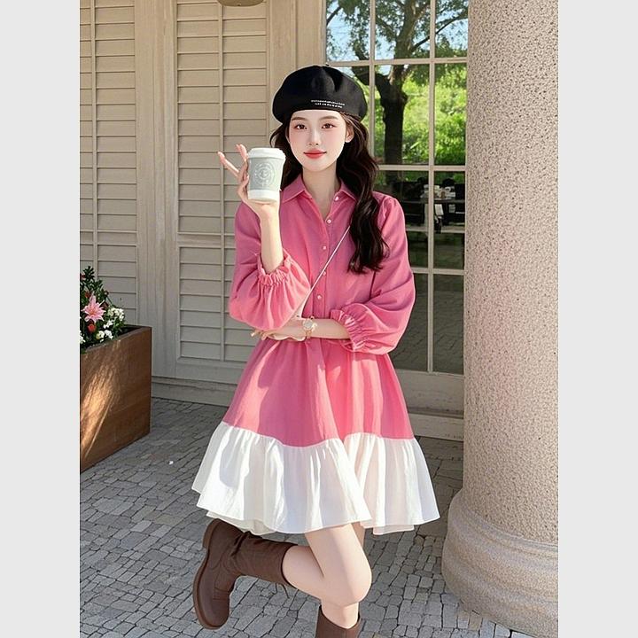 2025春季多巴胺穿搭漂亮独特小香风减龄粉色撞色拼接衬衫连衣裙女