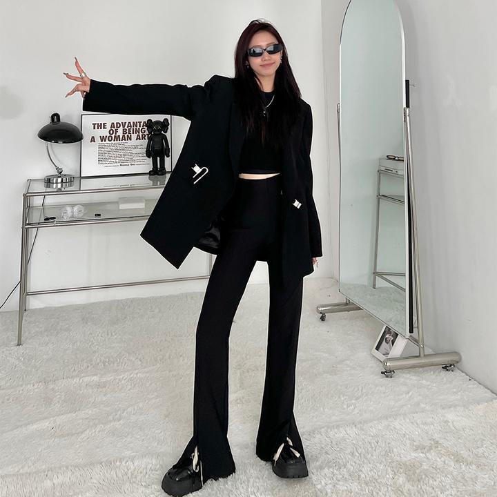 秋冬季休闲西装开叉直筒微喇叭裤女2025高腰垂感宽松显瘦拖地长裤