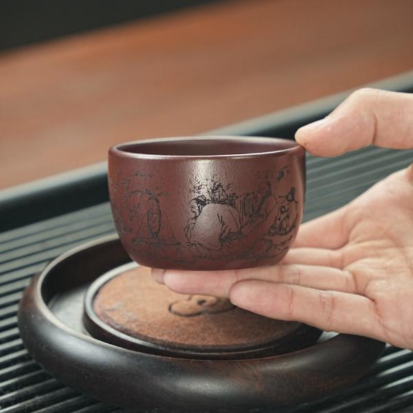 宜兴原矿龙血砂手工刻绘竹林七贤紫砂主人杯 TM