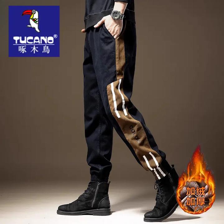 啄木鸟美式侧条纹休闲裤男秋冬季新款潮牌宽松束脚运动裤子男加绒