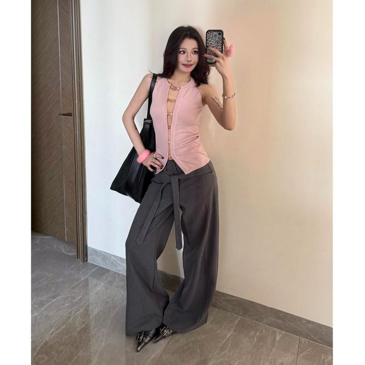 2025夏季新款复古设计感修身镂空手工串珠毛织背心上衣配阔腿裤子