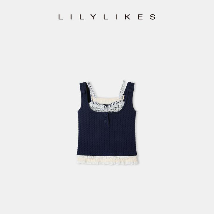 【LILYLIKES】花边方领假两件打揽针织背心