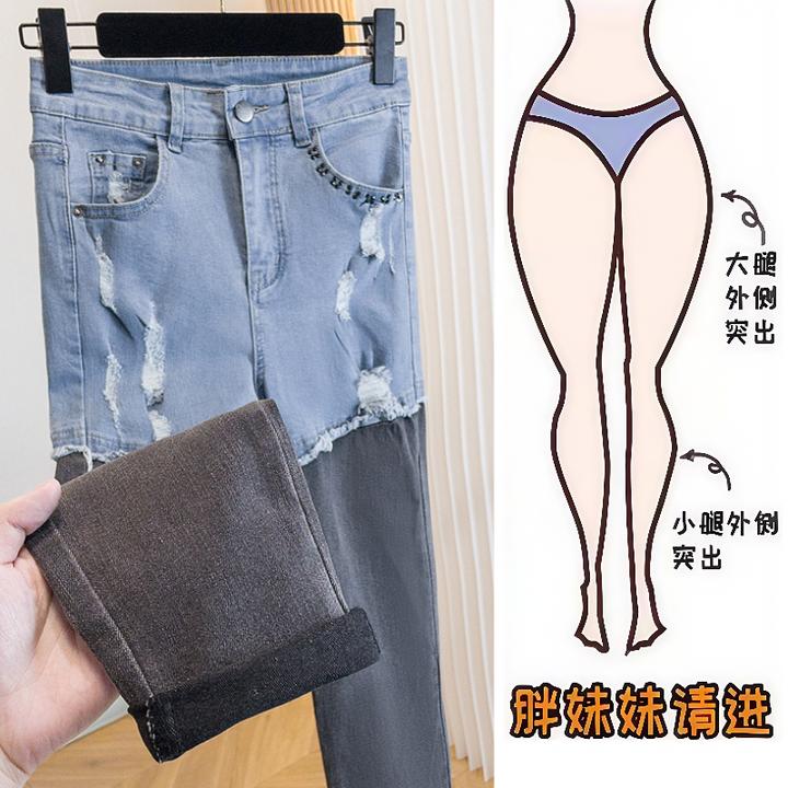 2025年秋季新款高腰显瘦小个子时髦个性小众设计叠穿八分牛仔裤子