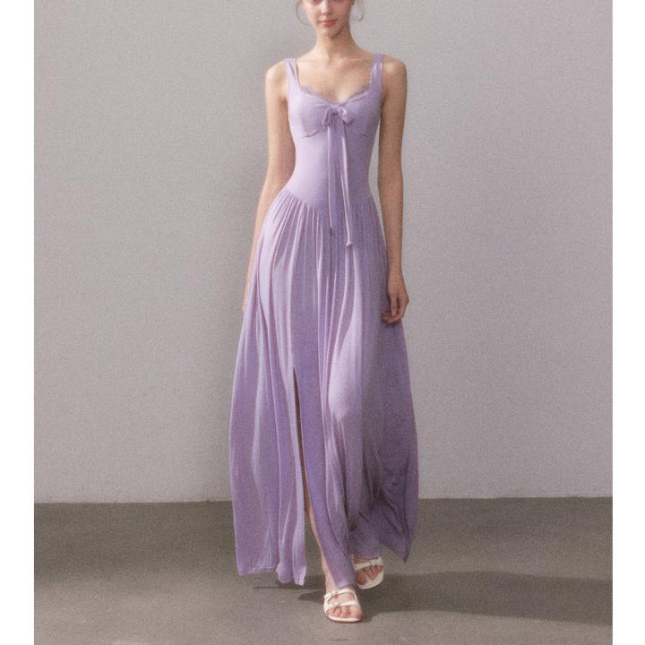 YZZIHE 云间晨雾 灵感缪斯法式蕾丝针织吊带开衩长连衣裙