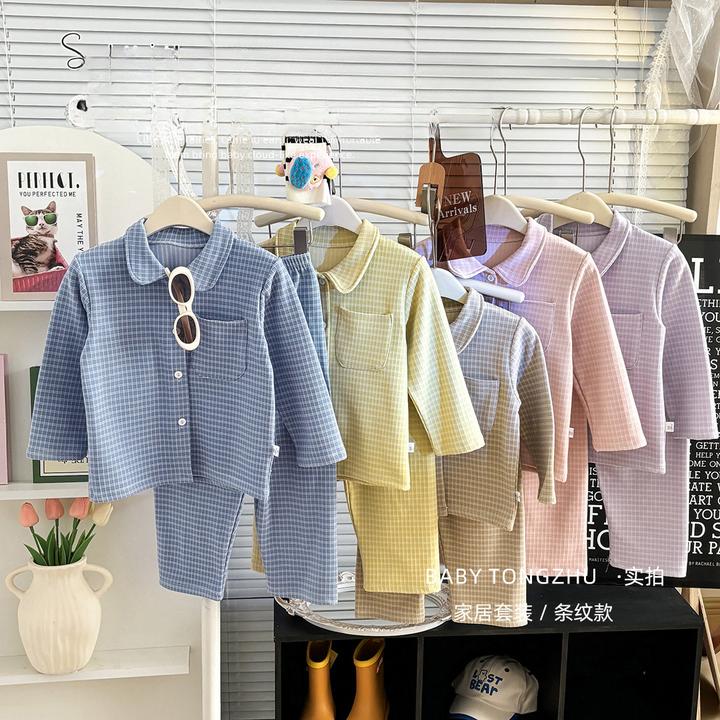 2025秋冬儿童睡衣套装韩版女童简约格子家居服男童翻领开衫两件套