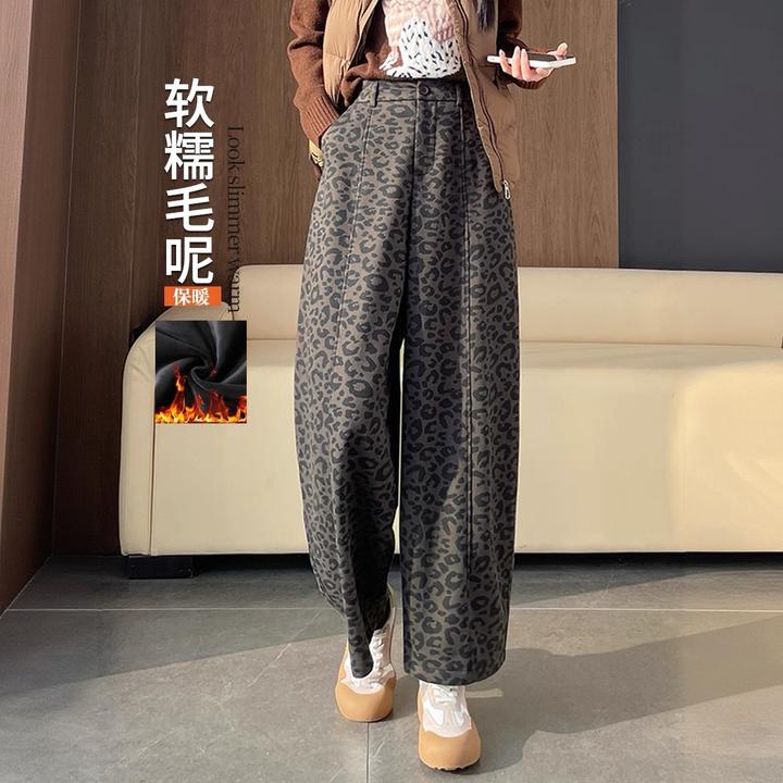 豹纹毛呢阔腿裤女秋冬季加绒保暖九分裤宽松显瘦直筒休闲气球裤子