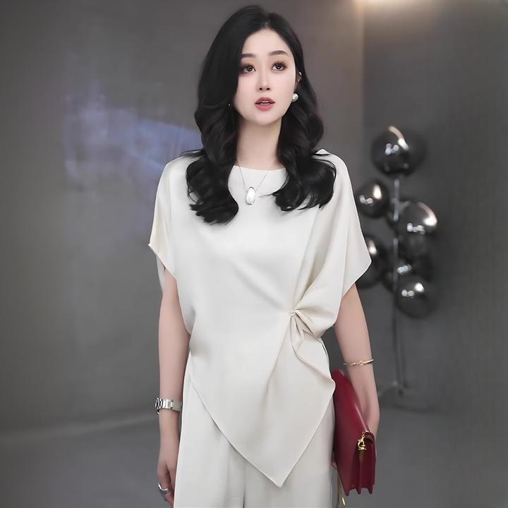 2025夏季大码气质高级感简单大方独特杏色上衣阔腿裤胖妹mm套装女