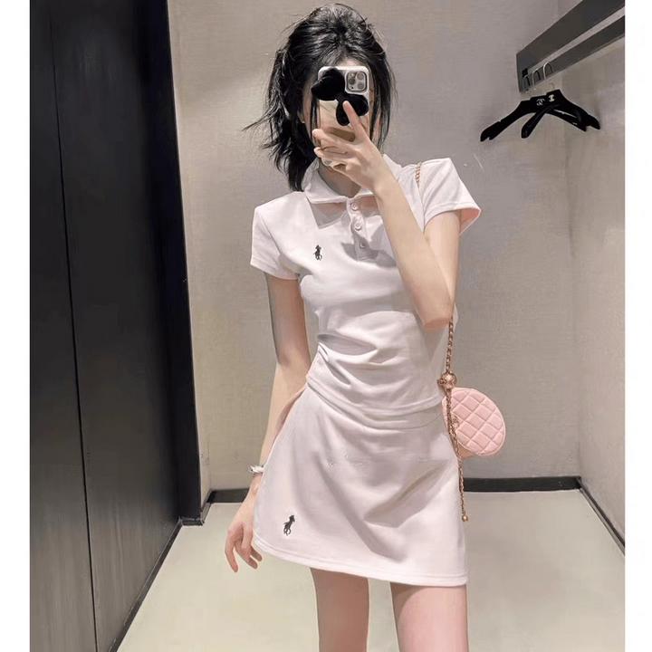 新款刺绣小马休闲运动减龄上衣POLO衫+裙裤防走光半身裙套装 8149