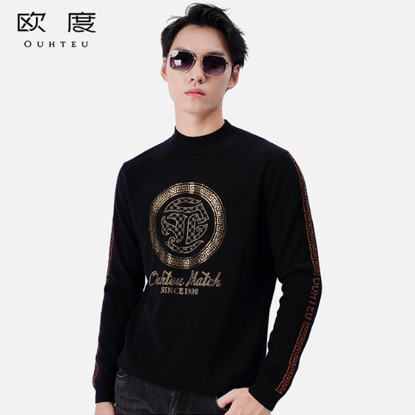 OUHTEU/欧度【100绵羊毛】25秋冬新款经典烫钻舒适保暖男针织衫7695