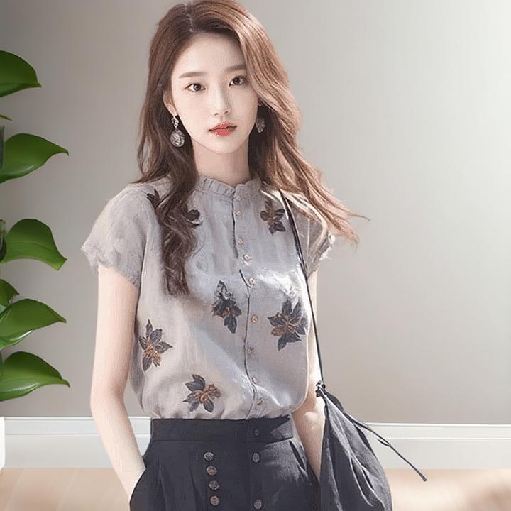 爆款2025新款独特短款短袖衬衫女小众洋气高级感高端上衣亚麻女款