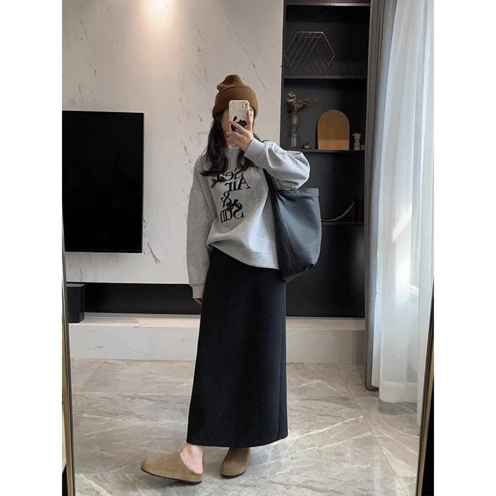 春秋显高中长款开叉黑色百搭时尚高腰显瘦韩版后开叉半身裙