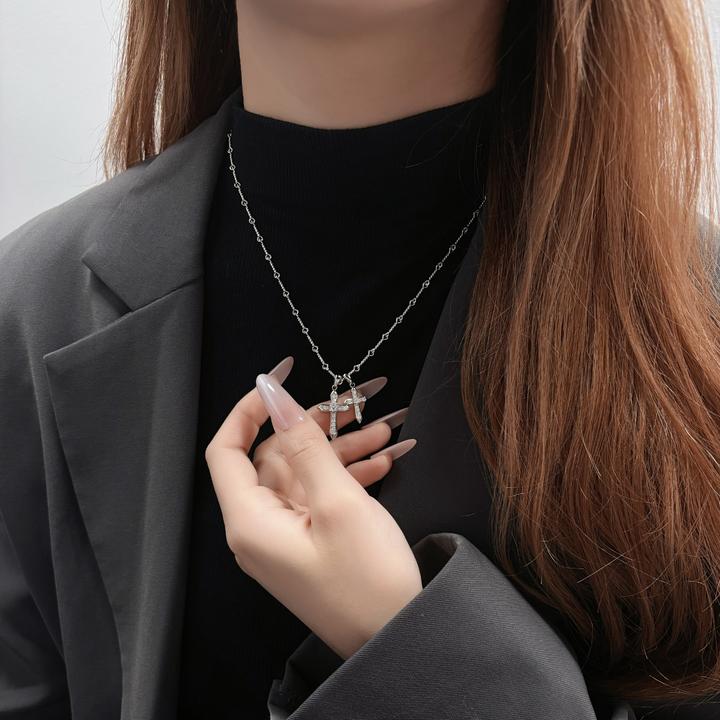 坠链均925银 男女款2025新款不规则双十字架吊坠毛衣链时尚锁骨链