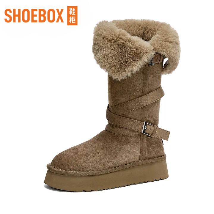 达芙妮旗下厚底雪地靴女2025冬季加绒保暖翻折两穿休闲长筒靴