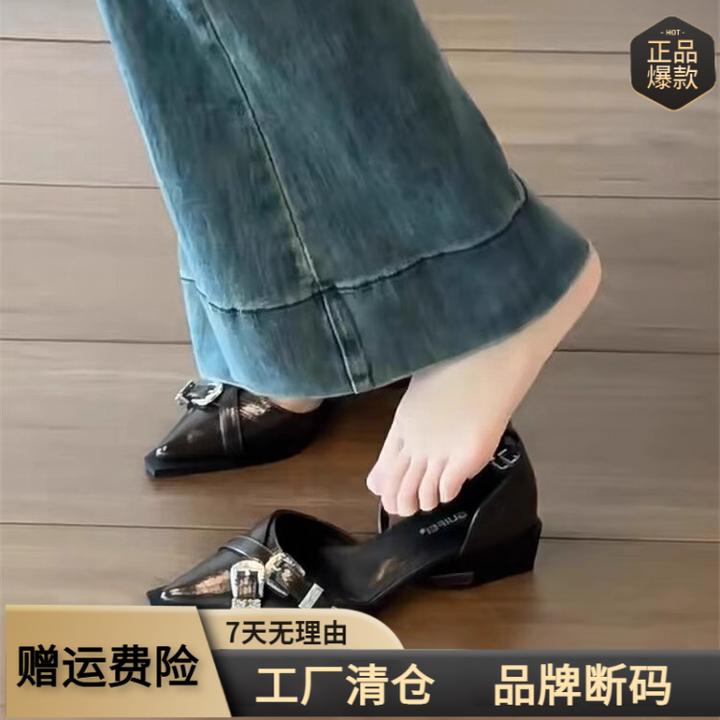 暗黑公主~包头凉鞋女款夏季2024新款复古黑色尖头朋克法式低跟鞋