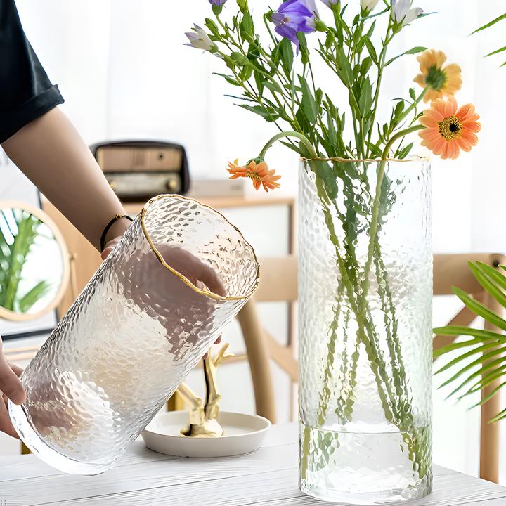 繁星ins北欧轻奢透明描金波纹口玻璃花瓶水养鲜花富贵竹百合插花
